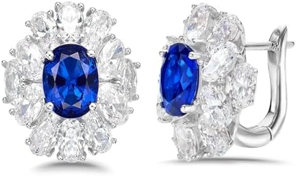 White Gold Plated Sapphire Hoop Earrings for Women, 925 Sterling Silver Dangle Earrings with Push Back, Featuring Created Blue Sapphire Gems