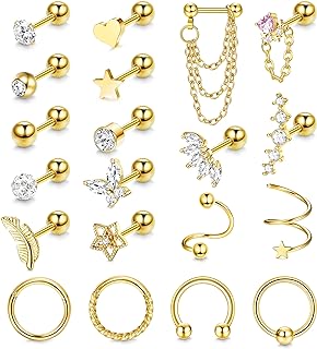 YADOCA Conch Stud Earrings with Screw Back and Cubic Zirconia for Men & Women, Cartilage/Tragus/Helix Piercing Surgical Steel Jewelry Pack of 20