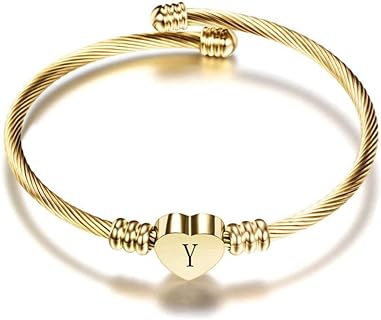 Lobster Claw Gold Heart Bangle Bracelet with Cable Chain - Personalized A-Z Initial Letter Cuff for Women and Girls - Durable Stainless Steel Jewelry Gift for Mom, Sister, Daughter, Aunt, Grandma, or BFF