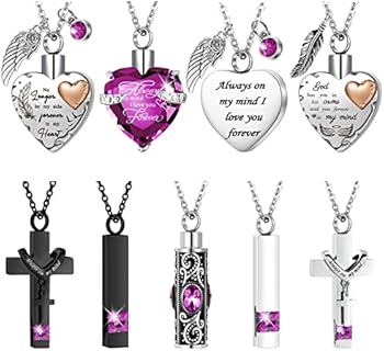 9 Pcs Heart Cross Cubic Urn Necklace for Ashes Keepsake Cremation Jewelry Stainless Steel Necklace Crystal Memorial Pendant Heart Locket Ashes Necklace for Women Men Loved Ones, 9 Styles