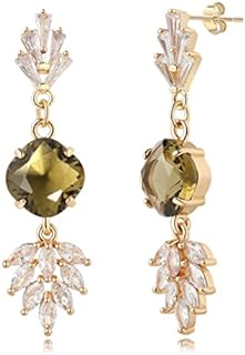 14K Gold Plated Art Deco Leaf Dangle Earrings with Brown Cubic Zirconia for Brides and Bridesmaids - Vintage Bridal Jewelry with Push Back Design