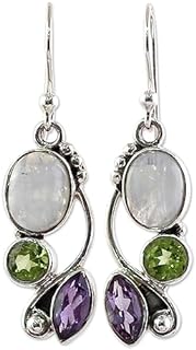 NOVICA Artisan-Crafted Sterling Silver Dangle Earrings with French Wire Backing, Multigemstone Inlay of Amethyst and Peridot, Enthralling 1.6-Inch Length Design - Handmade in India