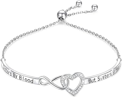 Adjustable Silver Bangle Bracelet with Box Chain and Lobster Claw Clasp, Cubic Zirconia Gem for Women, Heart Infinity Design - 925 Sterling Silver Sisters/Daughters Inspirational Jewelry