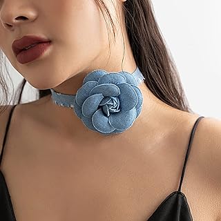 Stylish 12 Inch Vintage Blue Denim Flower Choker Necklace & Bracelet with Lobster Clasp Cable Chain - Elegant Women's Accessory for All Occasions