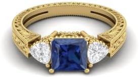 14K Yellow-Gold Plated Princess Cut Sapphire Engagement Ring with White Diamonds for Women-Size 4