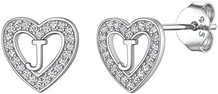 Suplight Women's 925 Sterling Silver Initial Earrings with Push Back Closure, Dainty Cubic Zirconia Letter Stud Design in Gift Box