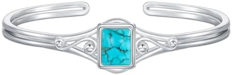 Genuine Turquoise Bracelet, Sterling Silver Minimalism Boho Style Adjustable Bangle Cuff Native American Vintage Jewelry Birthdays Gift, Fit for 6.5 7 7.5 Inches