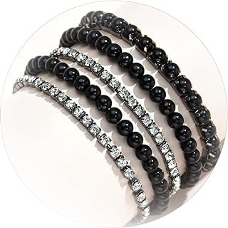 5Pcs Black Rhinestone Bracelet for Women Black Beaded Bracelet Boho Layered Bracelet Crystal Bracelet for Women Christmas Gifts 2023