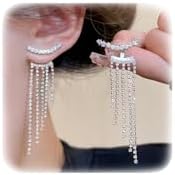 Silver Tassel Prom Earrings Long Sparkly Rhinestone Tassel Dangle Drop Earrings for Women Girls Wedding Jewelry Gifts (Silver)