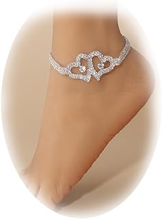 Sgoeths 2 Pcs Heart Ankle Bracelets For Women Crystal Rhinestone Tennis Armlet Bracelet For Girls Cuban Link Anklet Crystal Tennis Heart Pendant Anklets Boho Foot Chain Bracelet Rhinestone Leg Bracelet Jewelry (Double Love)