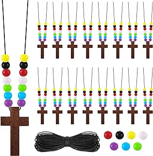 Kathfly DIY Wood Cross on Cord Wood Cross Pendant Necklace DIY Walnut Cross Necklace with Colorful Assorted Beads for Crafts for Men Women Boy Girl Children