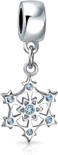 Frozen Winter Holiday Party Christmas Ice Blue Crystal Aqua Ice Blue Clear Snowflake Dangling Bead CZ Charm .925 Sterling Silver For Women European Bracelet