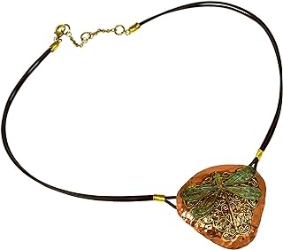 Patina Neo-Victorian Dragonfly on Filigree Brass and Hammered Copper Pendant