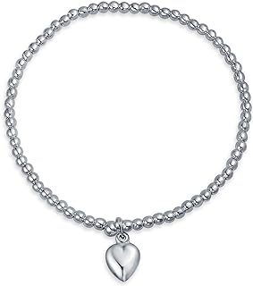 Personalized Plain Simple Engravable Monogram Alphabet A-Z Initial Dainty Heart Tag Charm 3MM Ball Bead Stretch Bracelet For Women For Teen .925 Sterling Silver Adjustable Stackable Customize