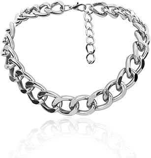 Women's Alloy Choker Necklace Heavy Cuban Chunky Chain Punk Gothic Hip Hop Metal Necklaces - Silver -Small Size