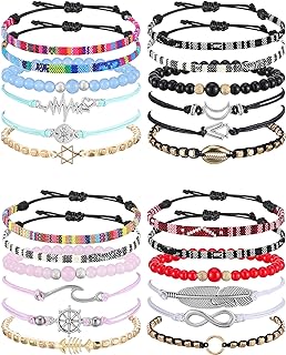 Jadive 24pc Surfer Aesthetic Bead Bracelets with Cord Chain, Metal Woven, Unisex, Adjustable & Boho Style for Girls, Women, Men - Valentine's Day/Birthday Gift
