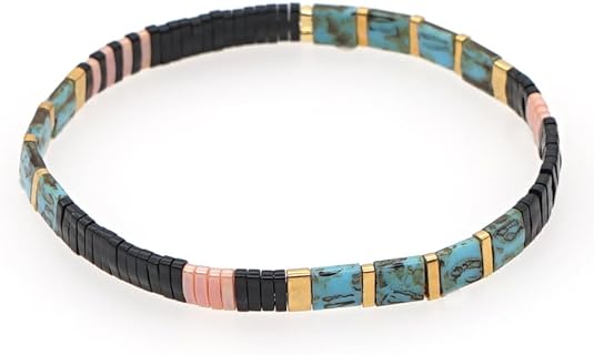 Sonateomber Colorful Glass Beaded Stretch Bracelet for Women and Girls - Square Knot Bead Chain Bracelet in Trendy Candy Colors, Stackable and Clasp-Free Design