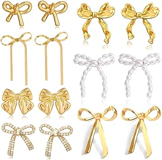 GIFIKOI Gold Bow Earrings for Women Classic Ribbon Bow Stud Earring Set