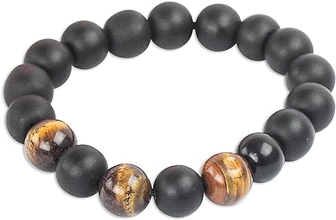 Handcrafted Tigers Eye and Matte Black Glass Bead Bracelet from Ghana, Eco-Friendly, Easy-Wear No Clasp Design for Unisex, Bold and Stylish - 6.75" L x 0.4" W