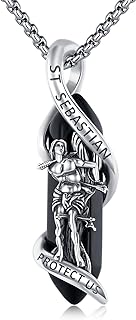 Black Obsidian St Sebastian Pendant Necklace 925 Sterling Silver Healing Crystal Point Saint Sebastian Necklace Catholic Amulet Protection Jewelry Gift for Men Women
