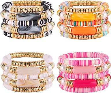 4 Set Bamboo Tube Bangles Bracelet for Women Chunky Curved Stacking Acrylic Bracelets Colorful Beads Stretchable Friendship Gold Bracelets Gifts For Bestfriends Couple