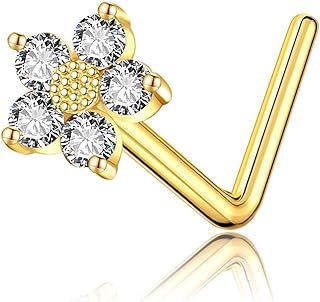 14K Solid Yellow Gold Daisy/Shark Tooth/Lightning Bolt/Dragonfly Nose Stud L Shaped 14K Real Gold Nose Jewelry Gifts for Women