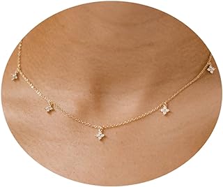 Women's Delicate Tewiky Gold Choker Necklace with Lobster Clasp and Cable Chain, featuring Cubic Zirconia Solitaire Pendant Design