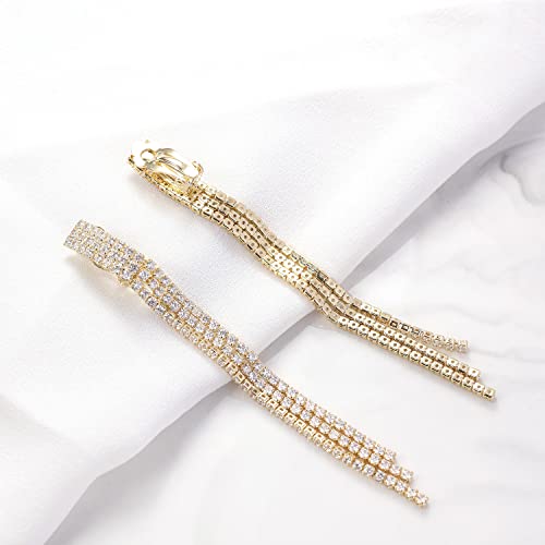 YOQUCOL Boho Tassel Chandelier Clip On Earrings CZ Crystal Long Drop Dangle Chain Bohemian Not Pierced Earrings For Women Girls