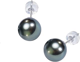 18K White Gold Plated Sterling Silver Tahitian Black Pearl Stud Earrings with Hinged Hoop Back, Elegant Gift for Women, Sophisticated Stud Design