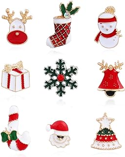 Set 9 Pcs Christmas Themed Brooch Pins Enamel Jewelry Breastpin Santa Claus Snowman Jingle Bell Christmas Tree Stockings Candy Cane Snow Reindeer Gift Ornaments Lapel Pin for Christmas Decoration