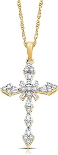 Jewelili Cross Pendant Necklace in 10K White and Yellow Gold with 1/2 Cttw Natural White round and baguette Diamonds 18" Rope Chain