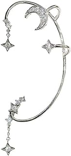 Moon Star Ear Cuff Earrings for Women Non-piercing Adjustable Silver Shining Zircon Aesthetic Cute Edgy Dangle Drop Ear Clip on Cuff Wrap Climber Crawler Earrings for Teen Girls