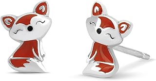 Sterling Silver Wolf Earring Studs with Hand-Painted Red Orange Resin for Women, Fox Design with Push Back Finding