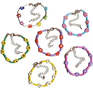 6Pcs Colorful Daisy Flower Bead Bracelets Set Indie Handmade Rainbow Beaded Flower Bracelets Anklets Vsco Boho Summer Beach Braided String Y2K Aesthetic Kidcore Jewelry with Flowers for Women Girls