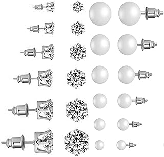 SUNSCSC Women's Stainless Steel Round Clear Cubic Zirconia Pearl Stud Earrings for Girls Gift 12 Pairs
