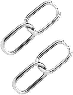 S925 Sterling Silver Link Chain Hoop Earrings, Small Oval Geometric Circle Minimalist U-Shaped Drop Earrings Convertible Paperclip Link Dangle Fashion Jewelry for Women(Silver)