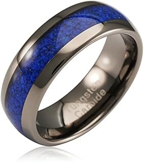 100S JEWELRY Gunmetal Tungsten Rings for Men, Blue Lapis Lazuli Inlay, Dome Shape, Wedding Engagement Promise Band, Sizes 6-16