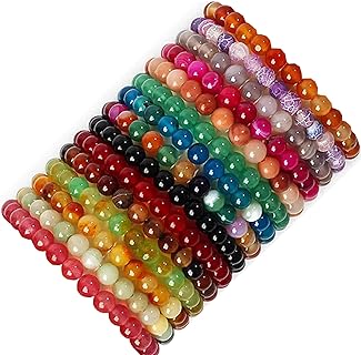 15-Piece Multicolored Glass Bead Stretch Bracelets on Zinc Bead Chain for Women and Men - Handmade Round Design