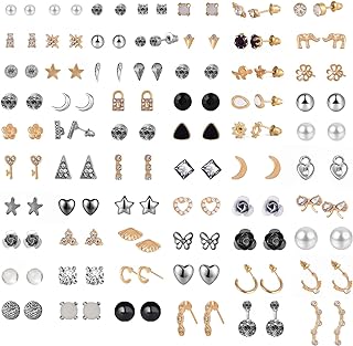 63 Pairs Dainty Stud Earrings Pack for Women Girls Hypoallergenic Multiple Earrings Set Cute Moon Lock Stars Faux Pearl Studs Jewelry Gift