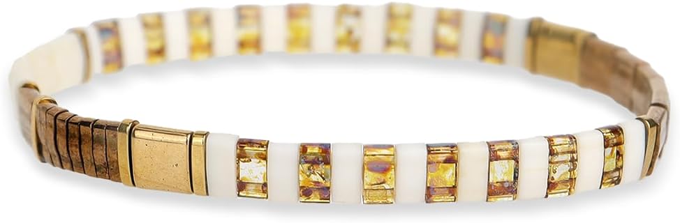 Tila Beaded Stretch Strand Bracelets for Women Teen Girls, Cute Boho Stackable Handmade Colorful Mixed Flat Square Beads Elastic Beach Surfer Bracelet Trendy Jewelry Friend Gift