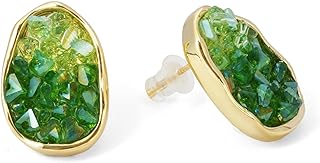 ILLUMIN Faux Crystal Gold Plated Irregular Oval Stud Earrings for Women Girls, Sterling Silver Posts, Emerald Green, Fashion Jewelry
