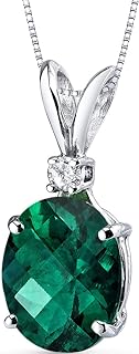 Peora Oval Cut Created Emerald & Genuine Diamond Pendant, 14K White Gold, Solitaire Design, Spring Ring Clasp, 10x8mm, 2.35 Carats