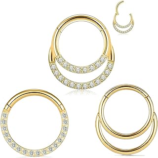 Hinged Clasp Double-Hoop Septum and Nose Ring - Durable Stainless Steel with Cubic Zirconia Highlights - For Men and Women - Classic and Contemporary 16G Medical-grade Design
