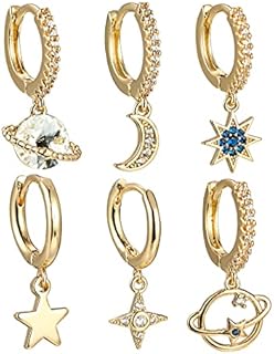 Cubic Zirconia Accented Moon Hoop Earrings with French Wire for Women and Girls, 18k Yellow Gold Plated Unique Dangling Design