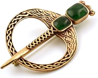 Exquisite Bronze Celtic Brooch with Green Agate Gem and Secure Pin Clasp, Norse Nordic Tara Knot Design, Handcrafted in Thailand