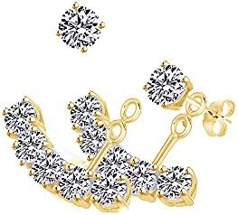 14K Gold Plated Sterling Silver Ear Jacket Earrings with Push Back, Round Cut White Cubic Zirconia