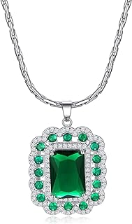 Men's Sterling Silver Simulated Emerald Pendant Necklace with Cable Chain - Green Gem Stone Accentuated with Crystals, Vintage Design Jewelry Gift