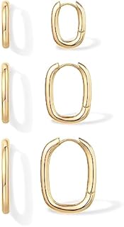 PAVOI 18K Gold Plated 925 Sterling Silver Posts 3 Pairs Chunky Gold Hoop Earrings Set | Lightweight Rectangle Huggie Hoops Pack for Women