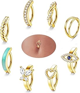 ZZHDCC 14G Belly Button Ring 8Pcs Surgical Steel Belly Rings for Women Sparkling CZ Clicker Belly Button Ring Hoop Curved Barbell Evil Eye Heart Butterfly Belly Button Piercing Fashion Belly Jewelry