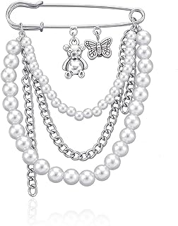 Silver Butterfly Pearl Safety Chain Brooch Pins for Women, Yin Yang Brooch Pins Sweater Shawl Clips Collar Brooch Tassel Chain Men's Suit Label Pins